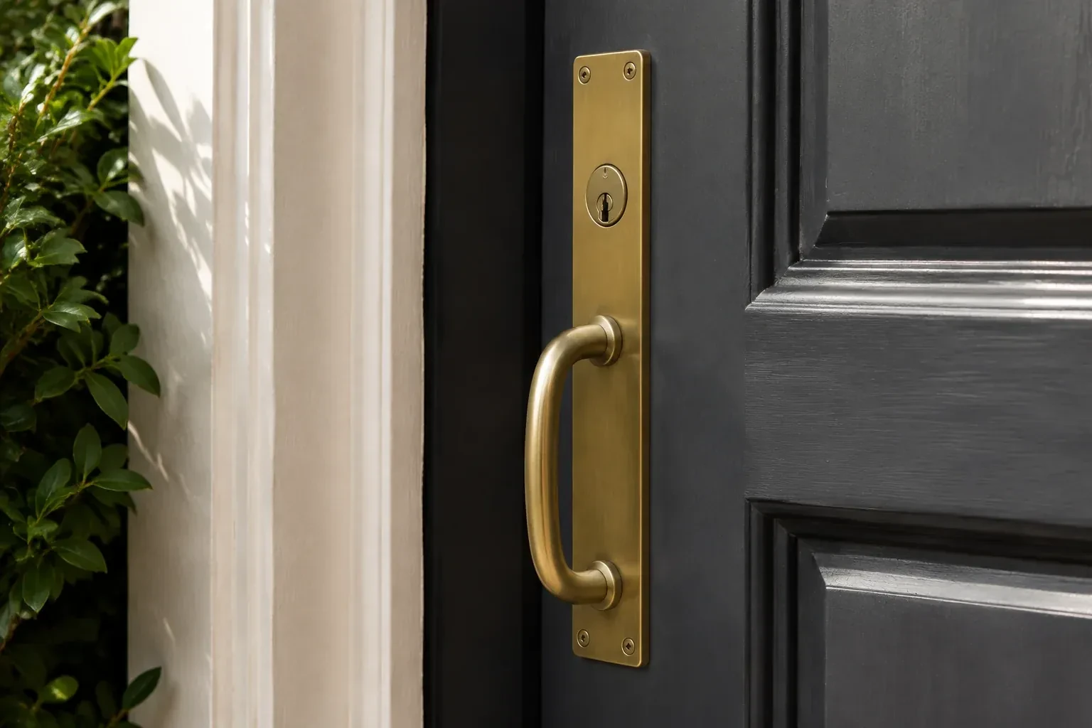 Brass pull handle on a long rectangular plate with a keyhole, mounted on a black paneled door beside a white frame. — Troy