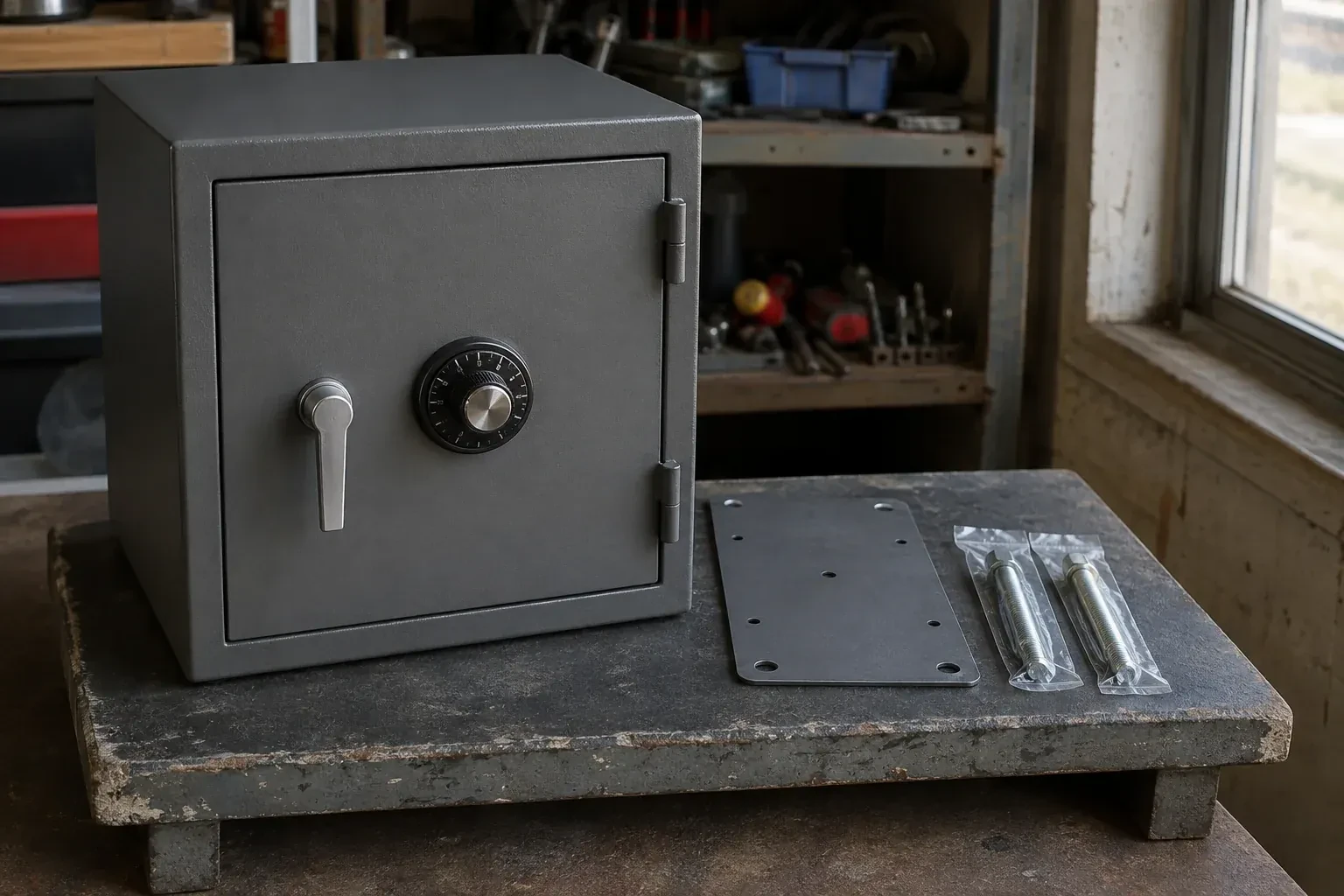 Closed small safe beside a metal plate and packaged fasteners on a workshop bench. — Safe Installation & Servicing, Troy