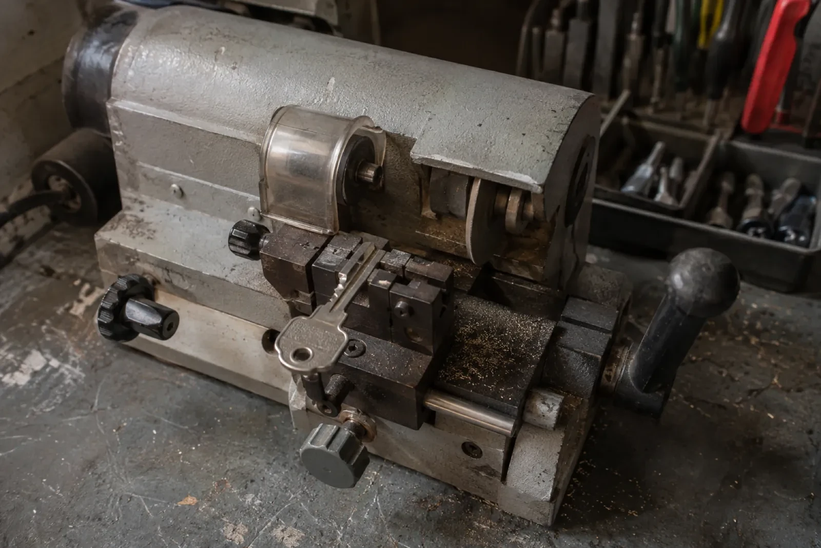 Metal key-cutting machine with a key clamped in its vise, a clear guard over the cutter and a black handle. — Troy