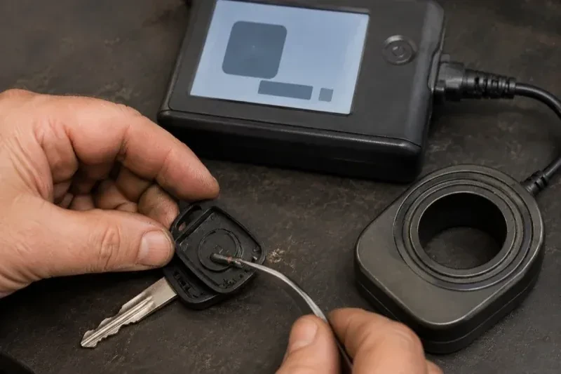 Hands using tweezers at an opened car-key head beside a small electronic unit and a ring-shaped accessory. — Transponder Key Programming, Hamilton