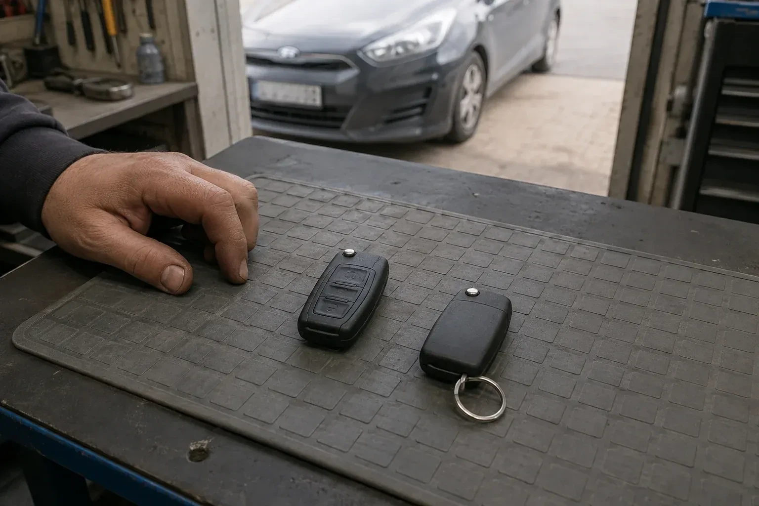 Two vehicle remote fobs on a work mat beside a technician’s hand, with a parked car beyond. — Key Fob Programming, Troy
