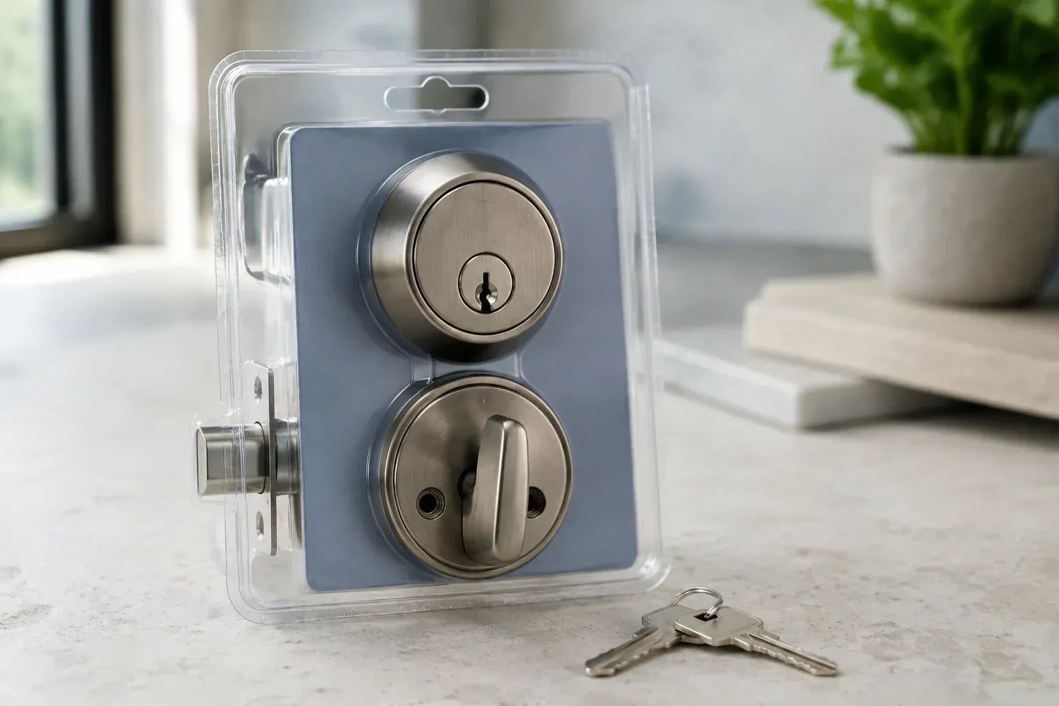 A silver-colored deadbolt set in clear packaging with two keys resting on the countertop in front. — Lock Rekeying, Hamilton