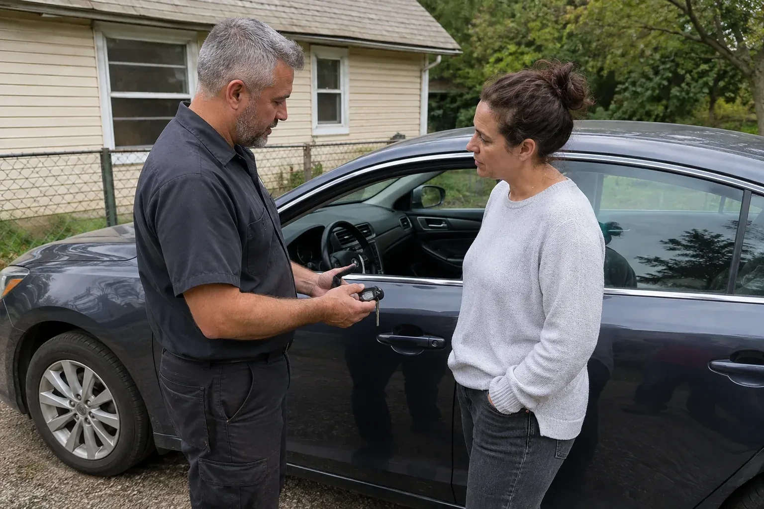 Two people standing beside a car with its window lowered, one holding a key and black key fob. — Ignition Lock Repair, Hamilton