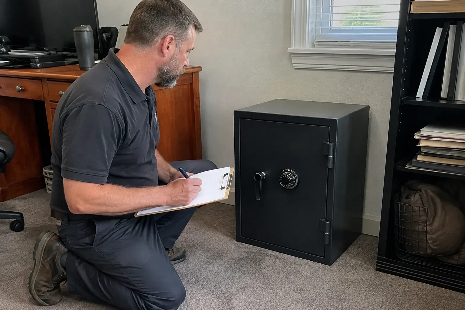 Person writing on a clipboard while kneeling beside a closed black safe with a numbered combination dial in a home office. — Safe Opening & Combination Change, Hamilton